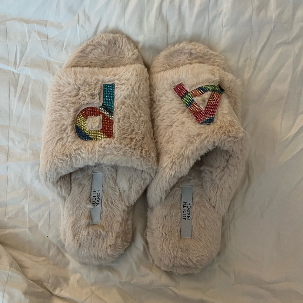 Judith March Cream Fuzzy Slippers with Multicolor Accents